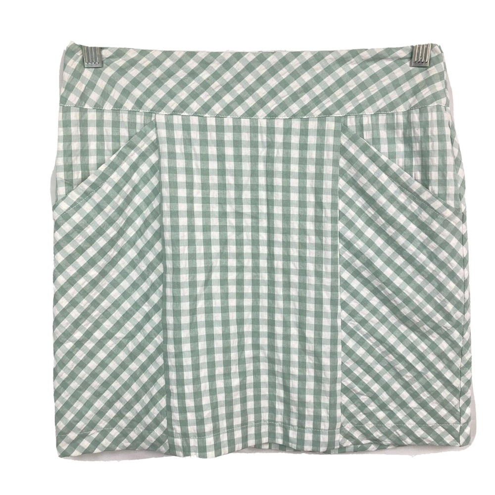 Very J Skirt Womens Sz S Sage Green White Gingham Back Zip Pencil Mini Pockets